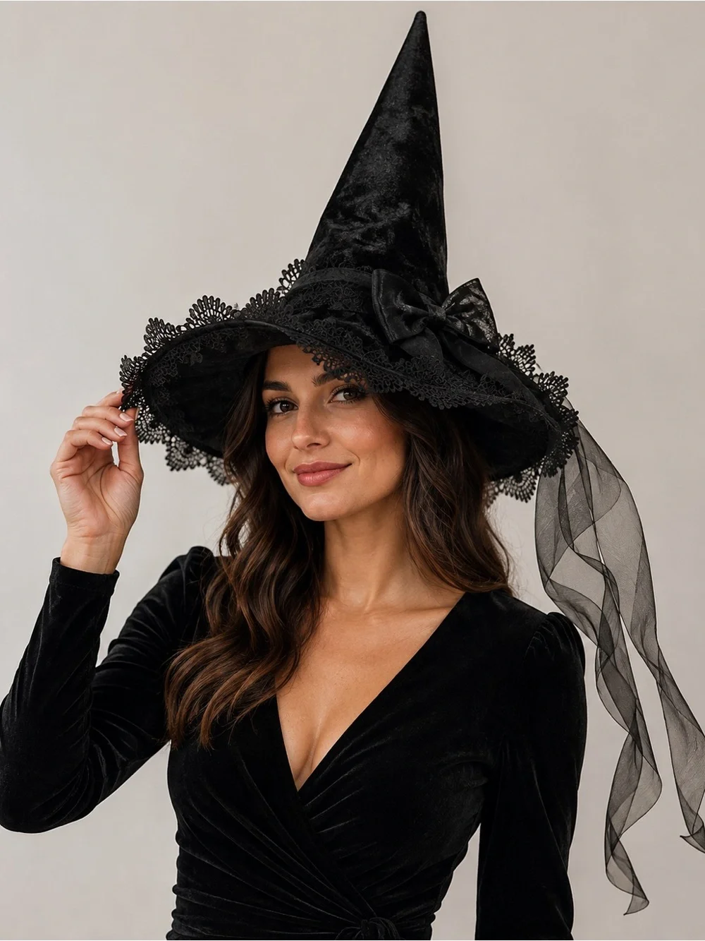 Brand New Black Velvet Witch Hat Lace Bow Wide Brim Halloween Costume